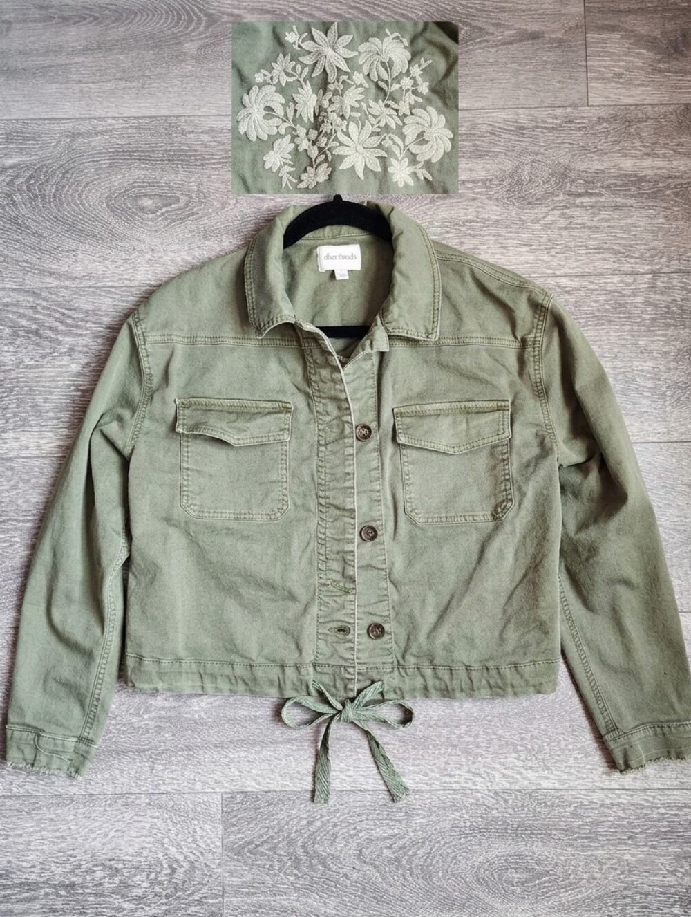 Olive Green Boxy Cropped Utility Jacket w Back Floral Embroidery Womens Small